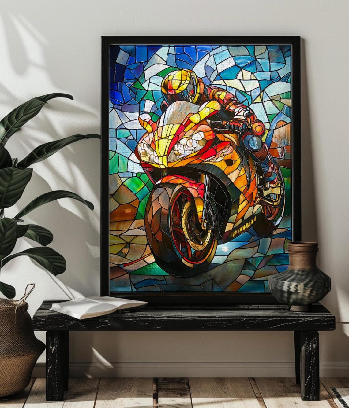 Stained Glass Motorcycle Front View Sunset Orange Biker Poster - Image 2