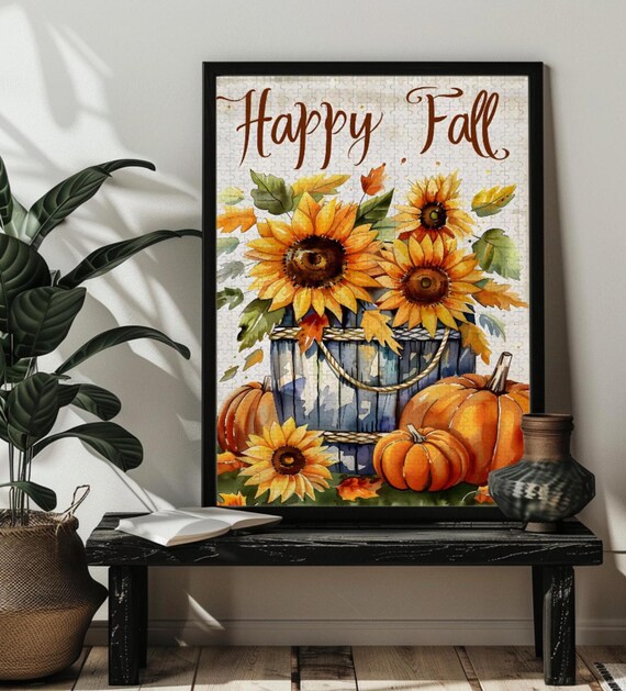 Happy Fall Sign Sunflower Pumpkins Vintage Bucket Watercolor Poster