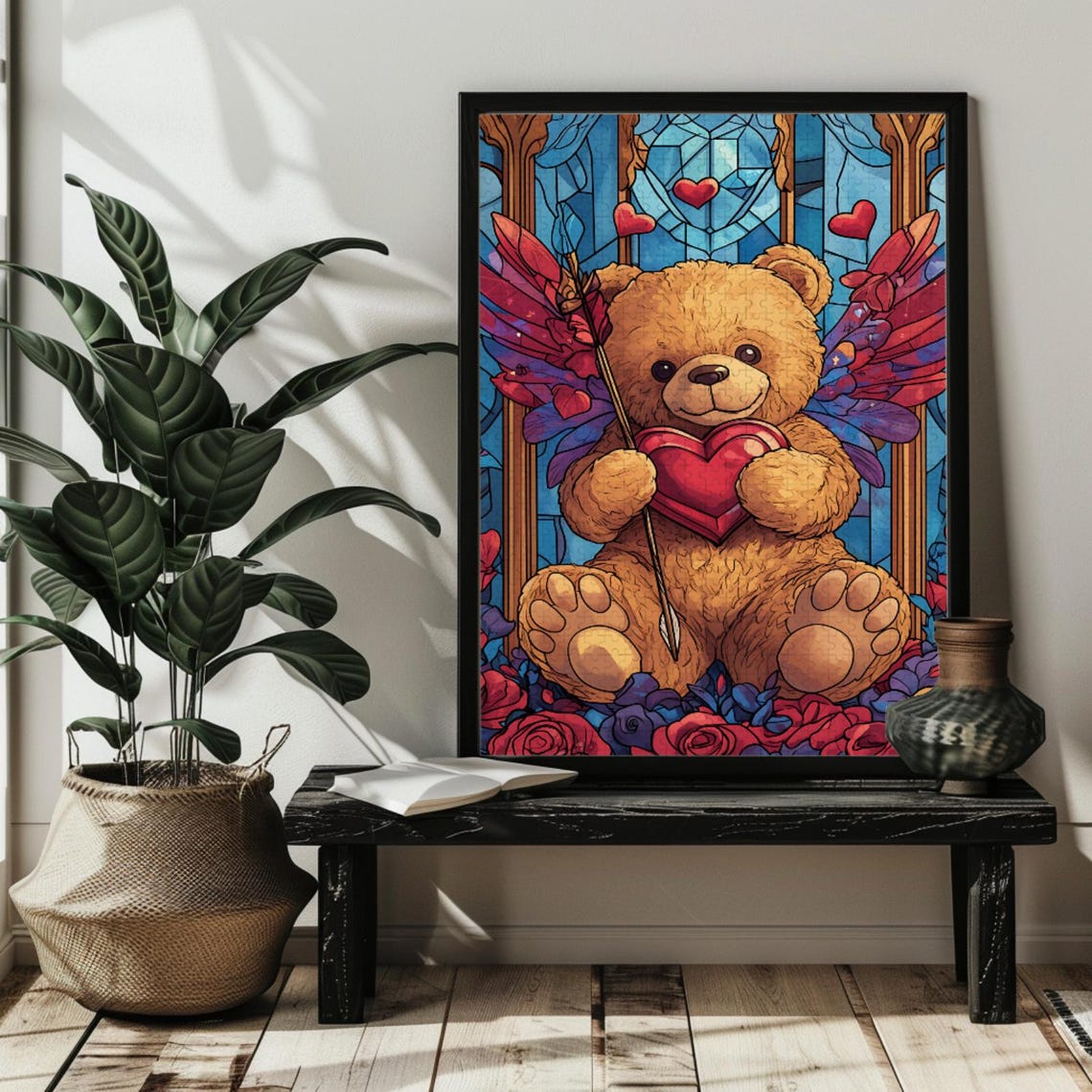Teddy Bear Cupid with Heart and Arrow Stained Glass Love Poster - Image 3