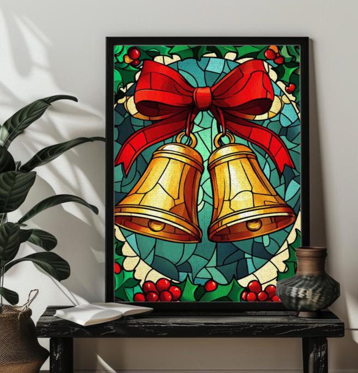 Christmas Bells With Red Bow Holly Stained Glass Style Art Poster - Image 4