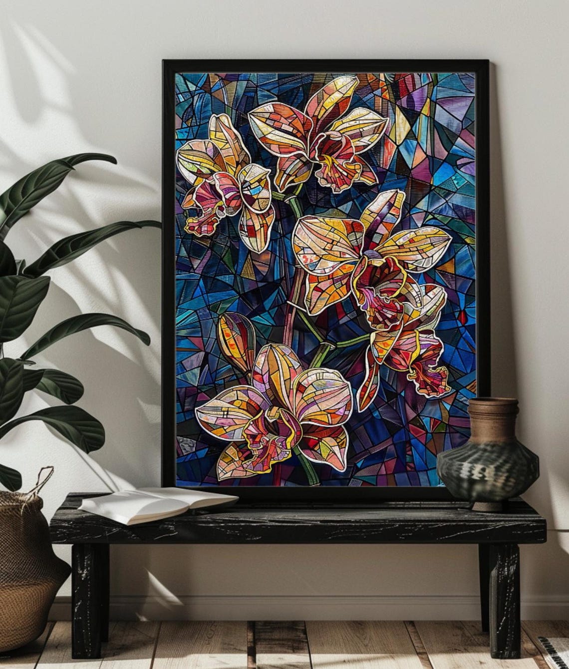 Elegant Pink Butterfly Orchids Blooming in Stained Glass Poster - Image 3
