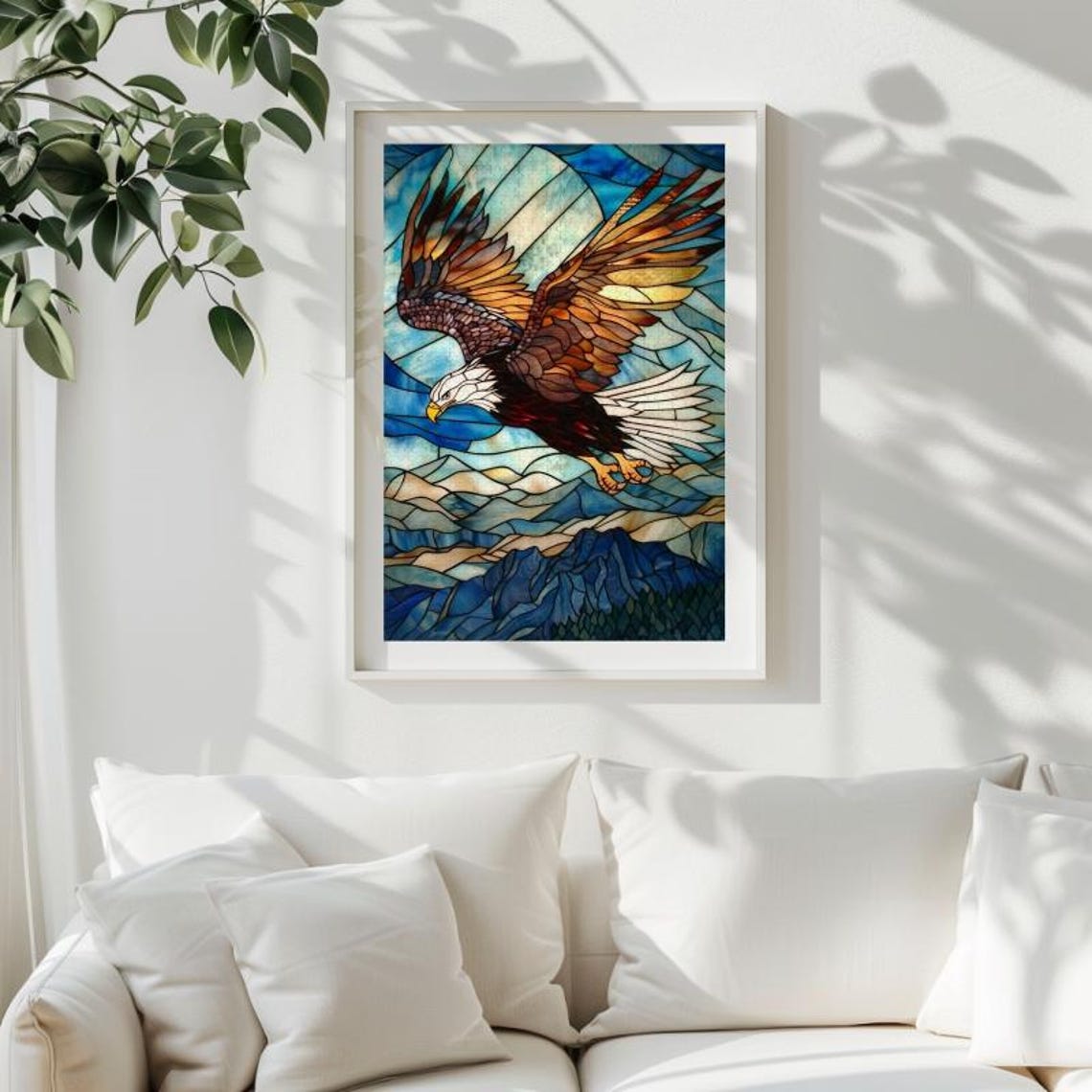 Stained Glass Bald Eagle Soaring Under a Harvest Moon Poster - Image 2