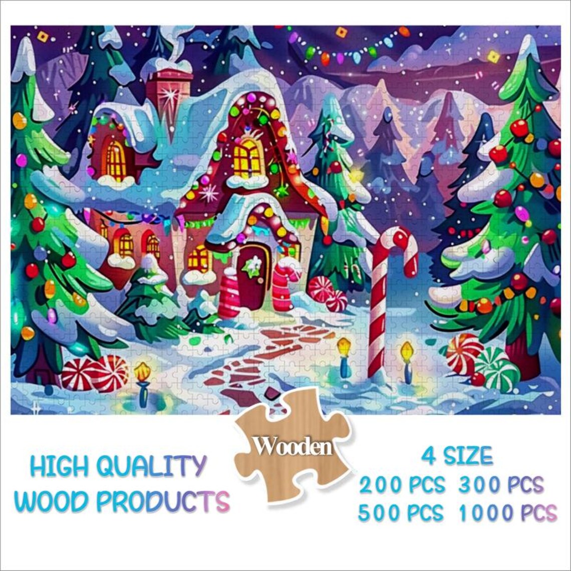 Christmas Candy House Cottage Snowy Village Night Lights Poster - Image 3