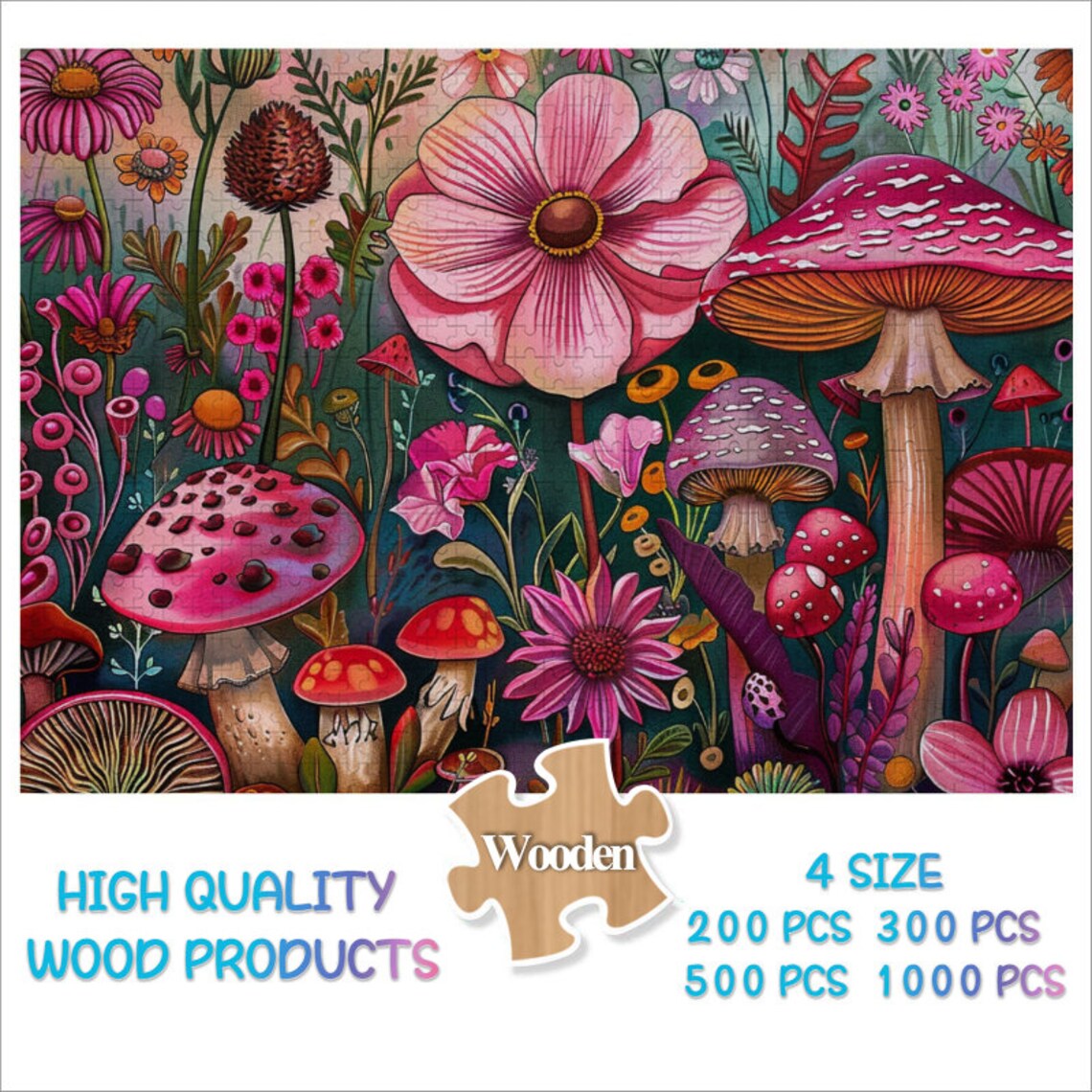 Mushrooms and Flowers Jigsaw Puzzle Art Print