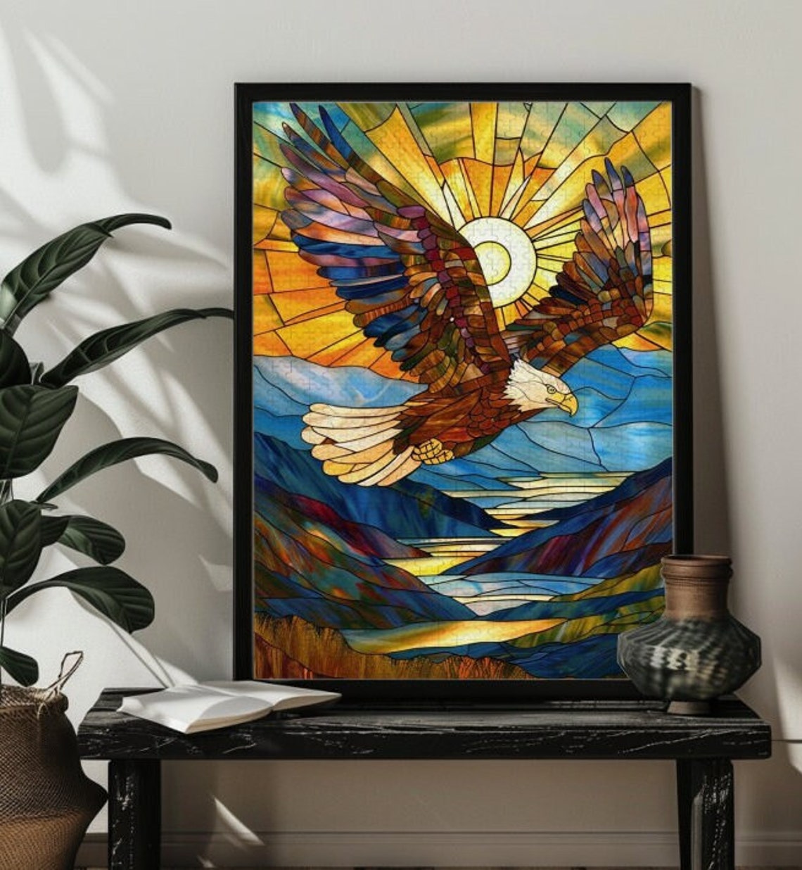 Stained Glass Bald Eagle Soaring Under a Harvest Moon Poster - Image 3