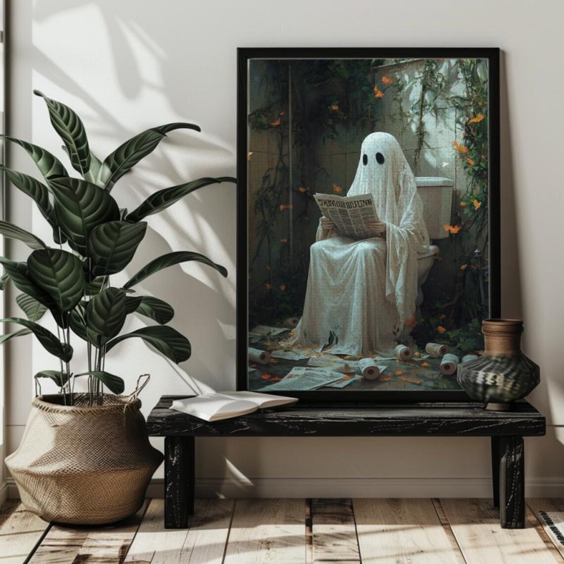 Ghost Reading Newspaper On Toilet Halloween Art Print - Image 3