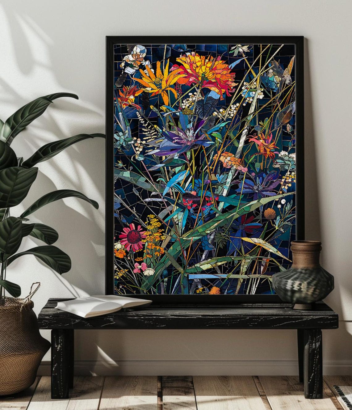 Stained Glass Wildflower Meadow Orange Pink Blooms Night Poster