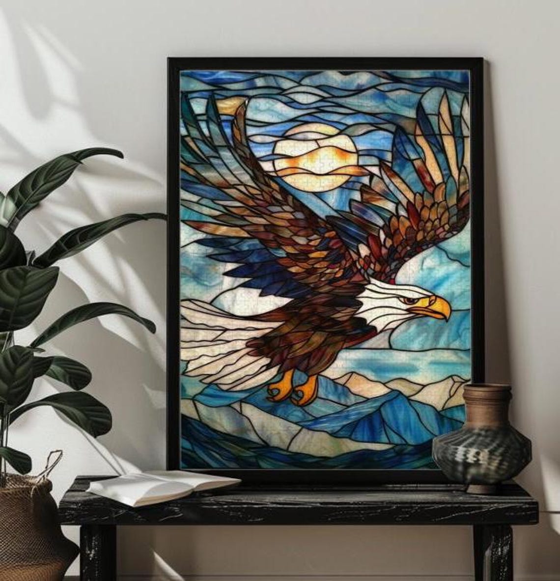 Stained Glass Bald Eagle Soaring Under a Harvest Moon Poster