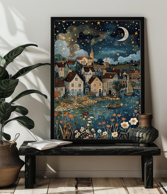 Nordic Waterways Village Art Print, Wood Fantasy