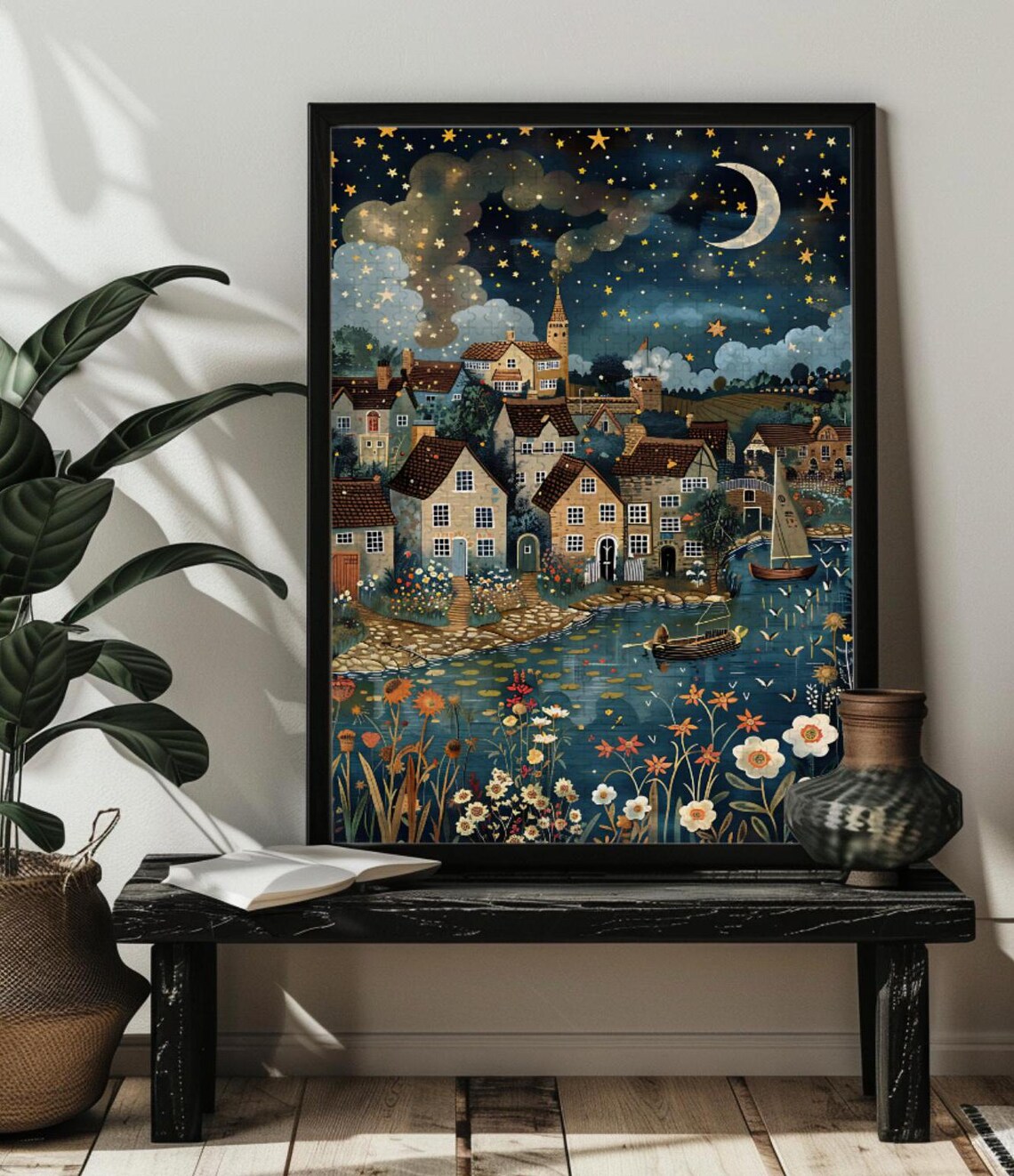 Nordic Waterways Village Art Print, Wood Fantasy