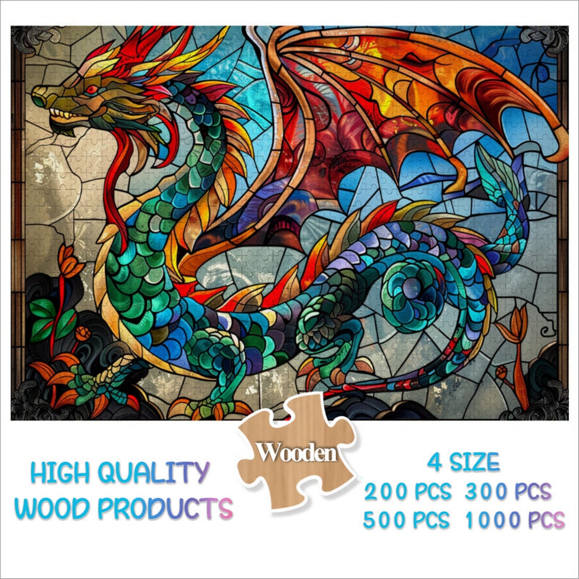 Stained Glass Dragon Jigsaw Puzzle300 500 1000 Piece Wood Dragon Photo Puzzles Art For Birthdayfamily Gift For Himkidsdragon Wall Decor - Image 3