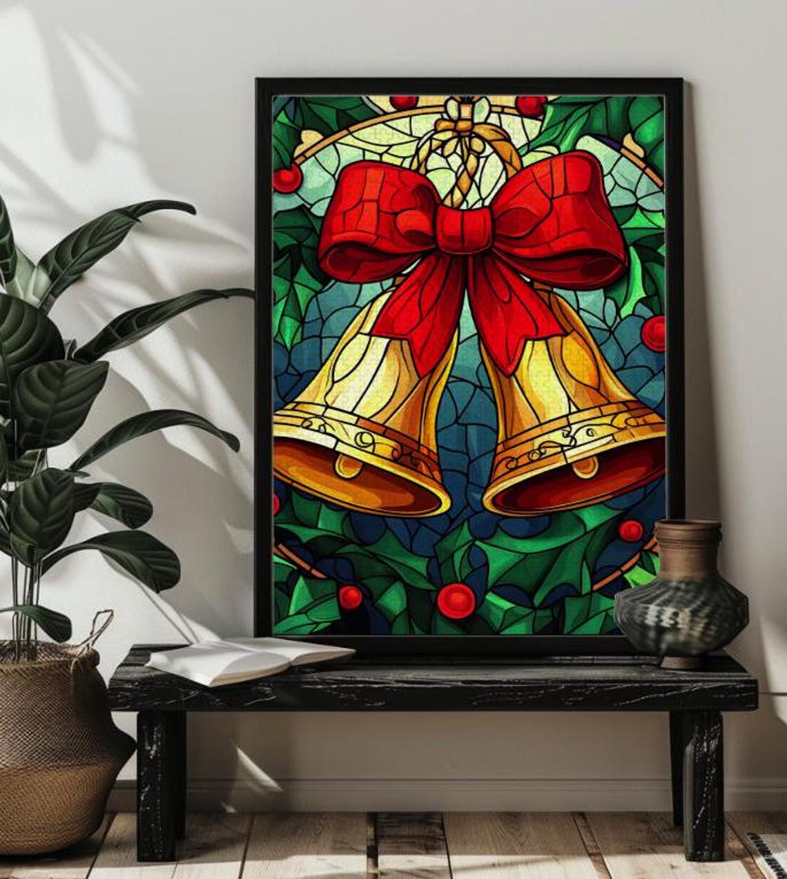 Christmas Bells With Red Bow Holly Stained Glass Style Art Poster