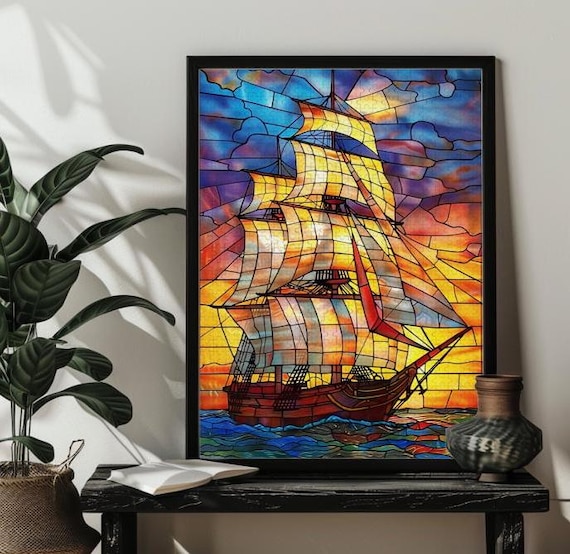 Tall Sailing Ship at Sunset Stained Glass Nautical Art Poster