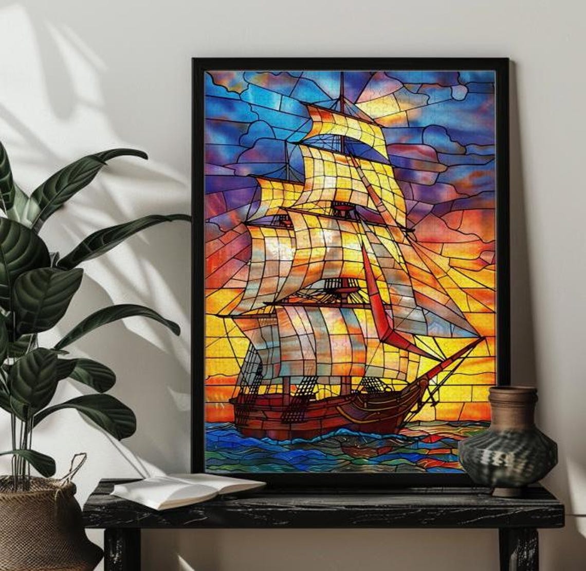 Tall Sailing Ship at Sunset Stained Glass Nautical Art Poster