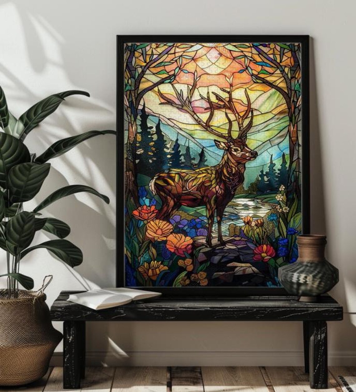 Stained Glass Deer Jigsaw Puzzle Art Print