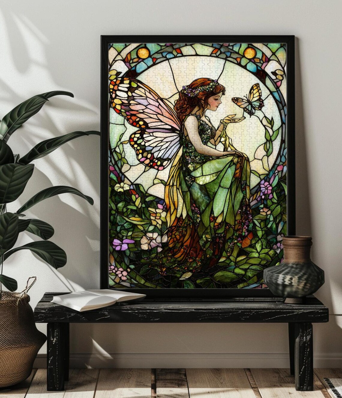Beautiful Fairy with Butterfly Wings in Stained Glass Garden Poster