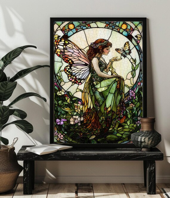 Beautiful Fairy with Butterfly Wings in Stained Glass Garden Poster