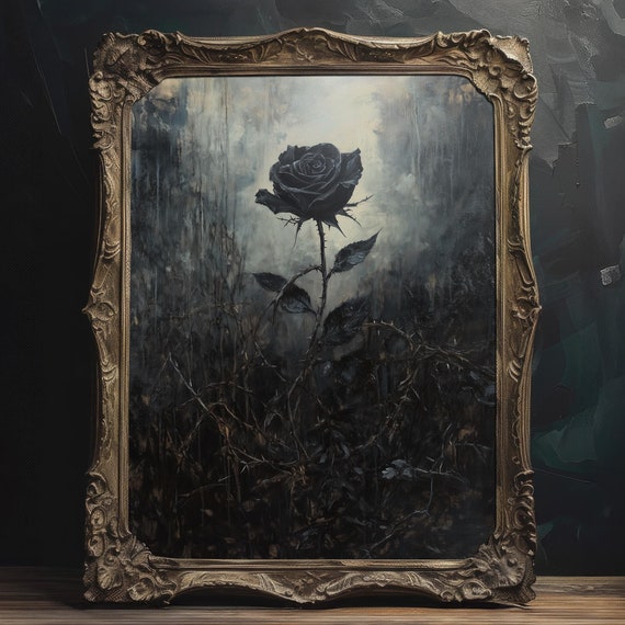 Dark Cottagecore Black Rose Painting Wall Art Dark Romanticist Wall Decor Trendy Vintage Gothic Poster Print