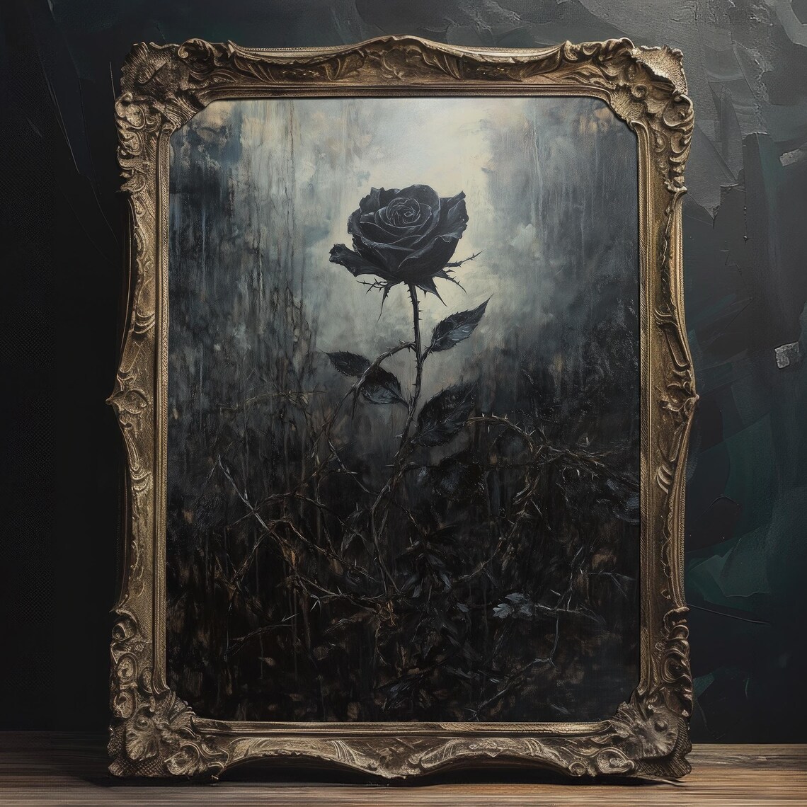 Black Rose Thorny Stem Moody Ornate Gothic Floral Painting Poster