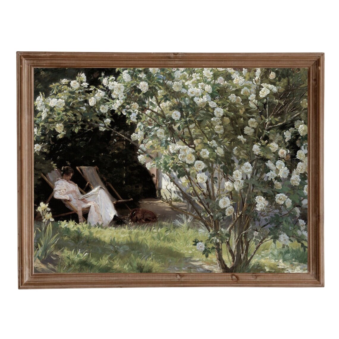 Rose Garden Woman Reading Vintage Landscape Art Print