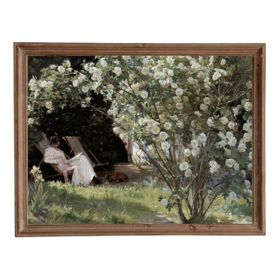 Rose Garden Woman Reading Vintage Landscape Art Print