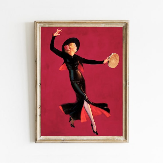 Spanish Flamenco Dancer With Tambourine On Red Vintage Art Poster
