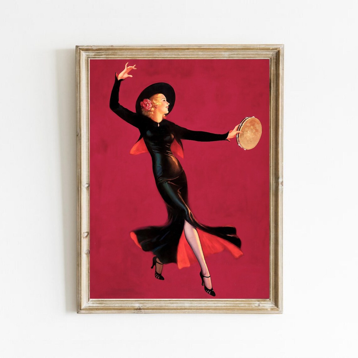 Spanish Flamenco Dancer With Tambourine On Red Vintage Art Poster