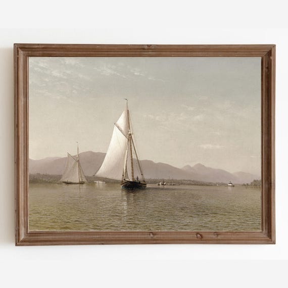 Muted Sailboat Print Vintage Nautical Painting Seascape Oil Painting Vintage Coastal Art Antique Lake House Decor Art