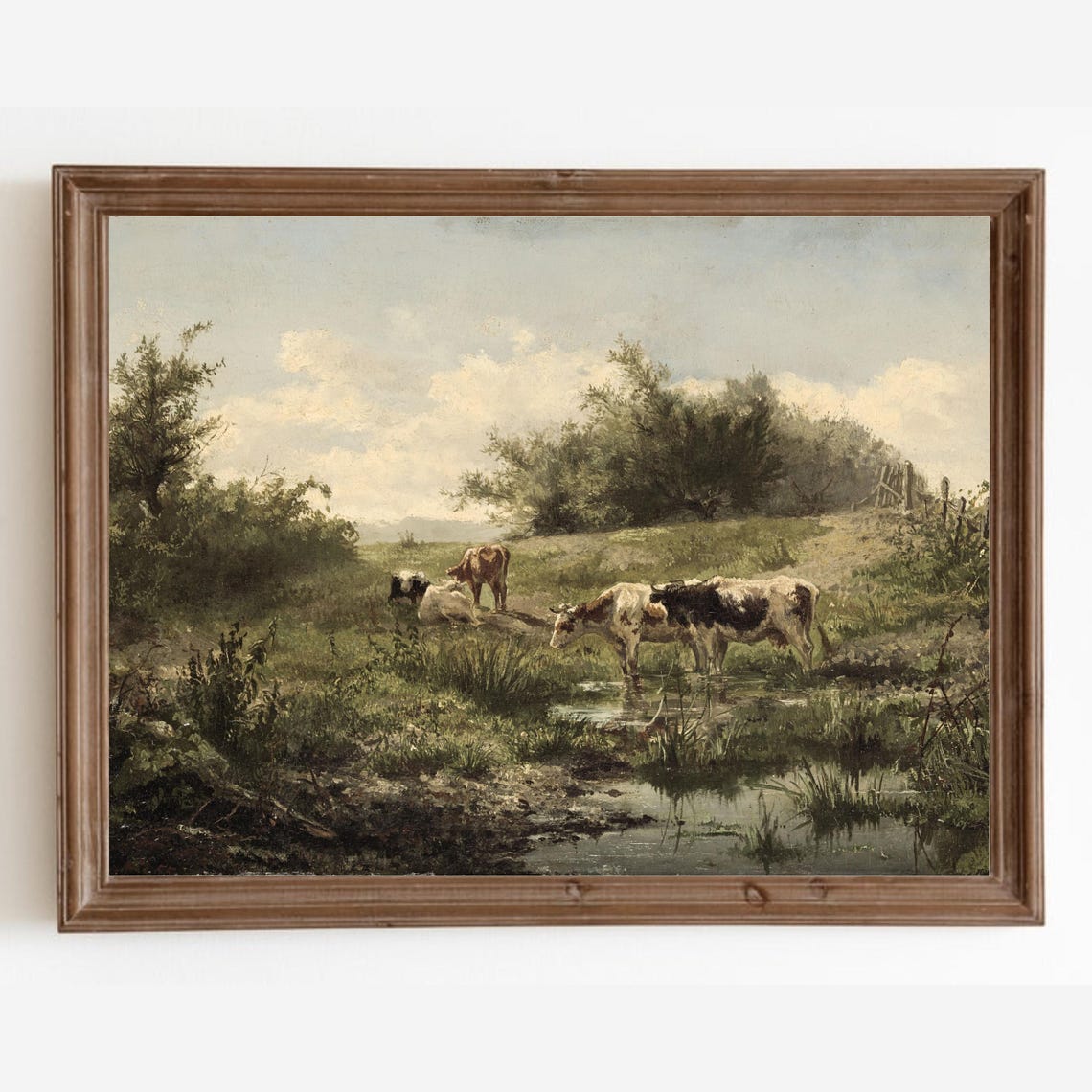 Country Landscape Print Vintage Cow Painting Meadow Landscape Painting Antique Farmhouse Decor Cattle Painting Art