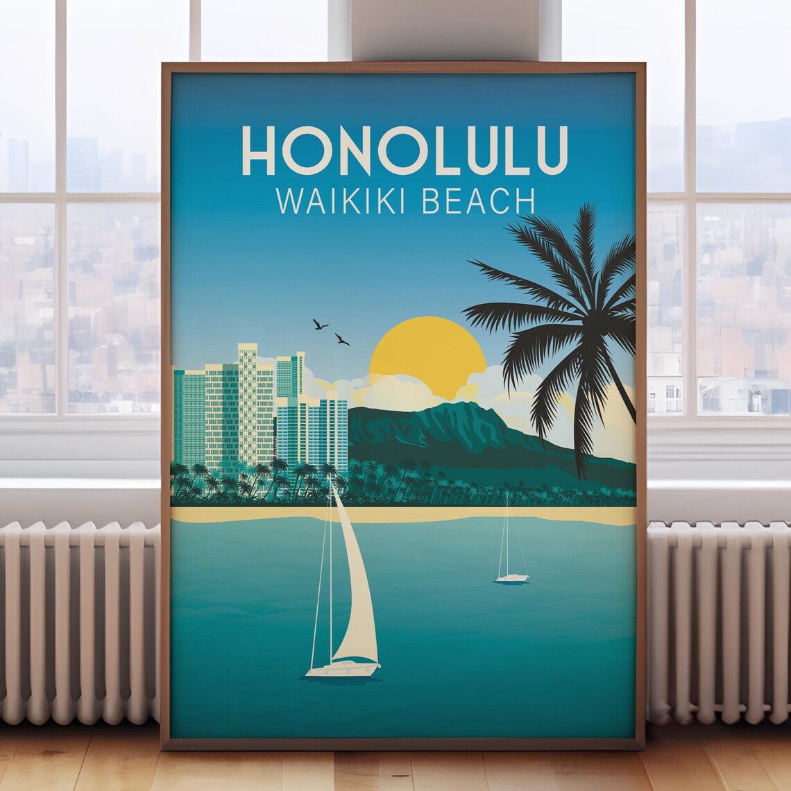 Honolulu Waikiki Beach Travel Poster, Hawaii USA