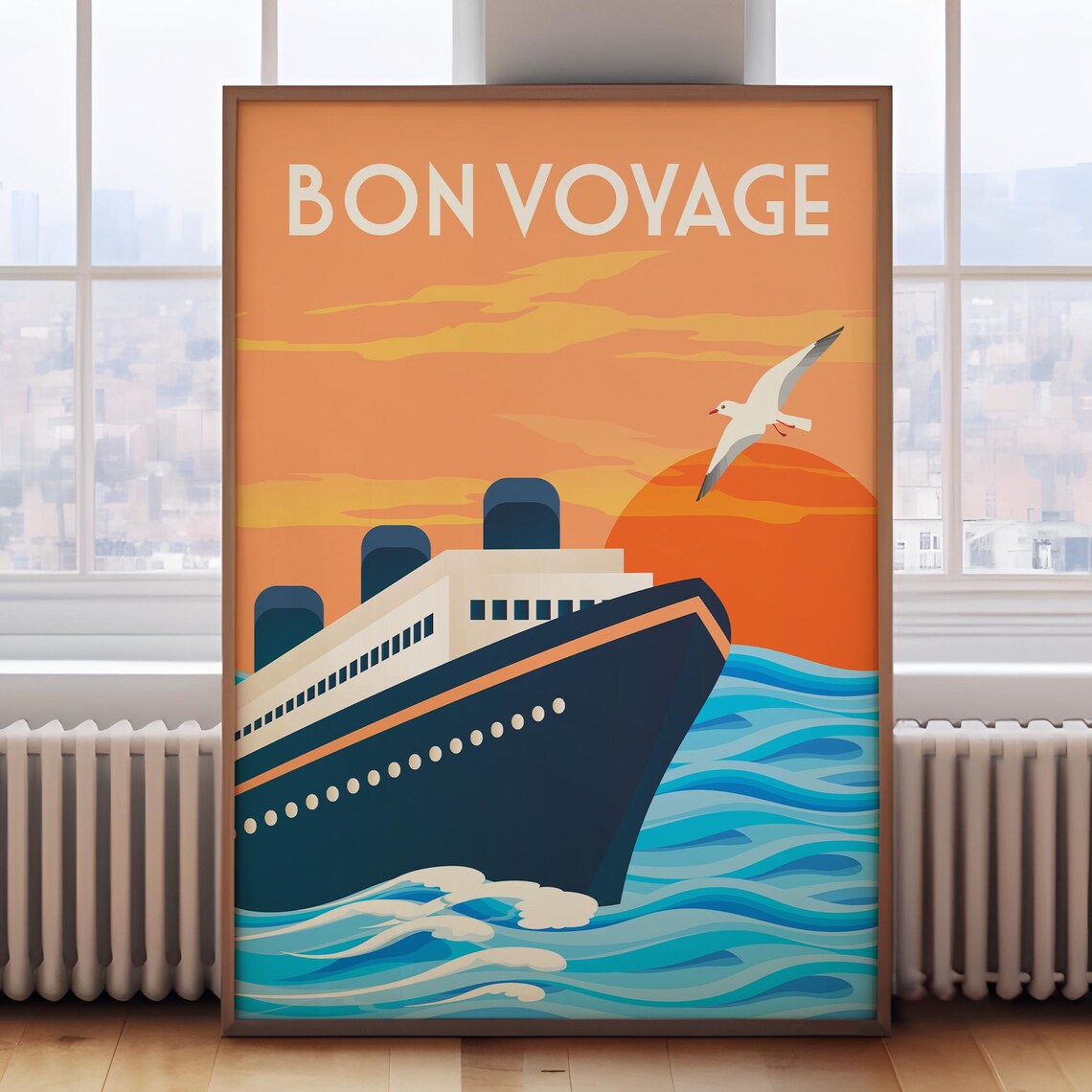 Bon Voyage Retro Travel Poster, Tropical Cruise Liner