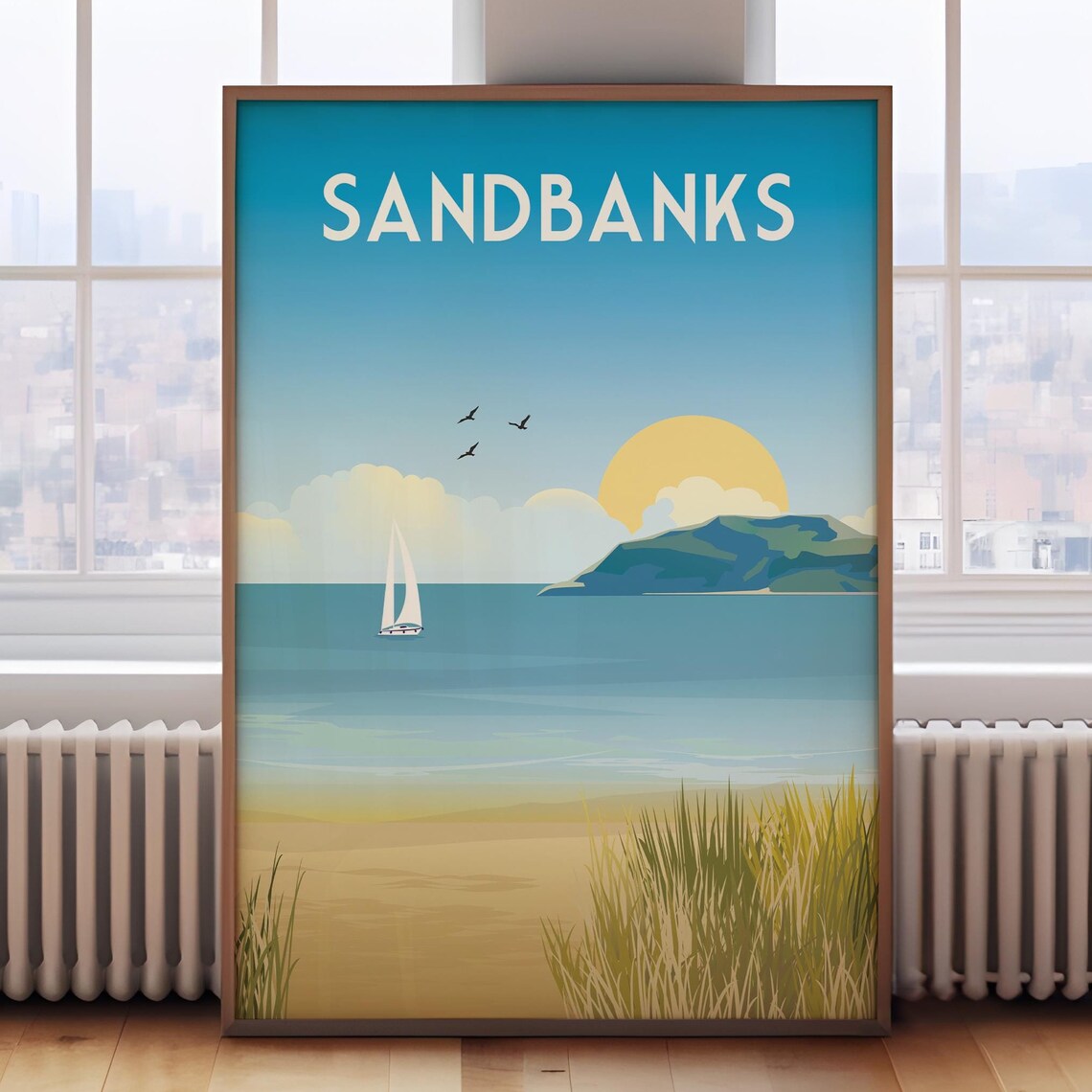 Sandbanks Dorset Retro Travel Poster, Travel Print