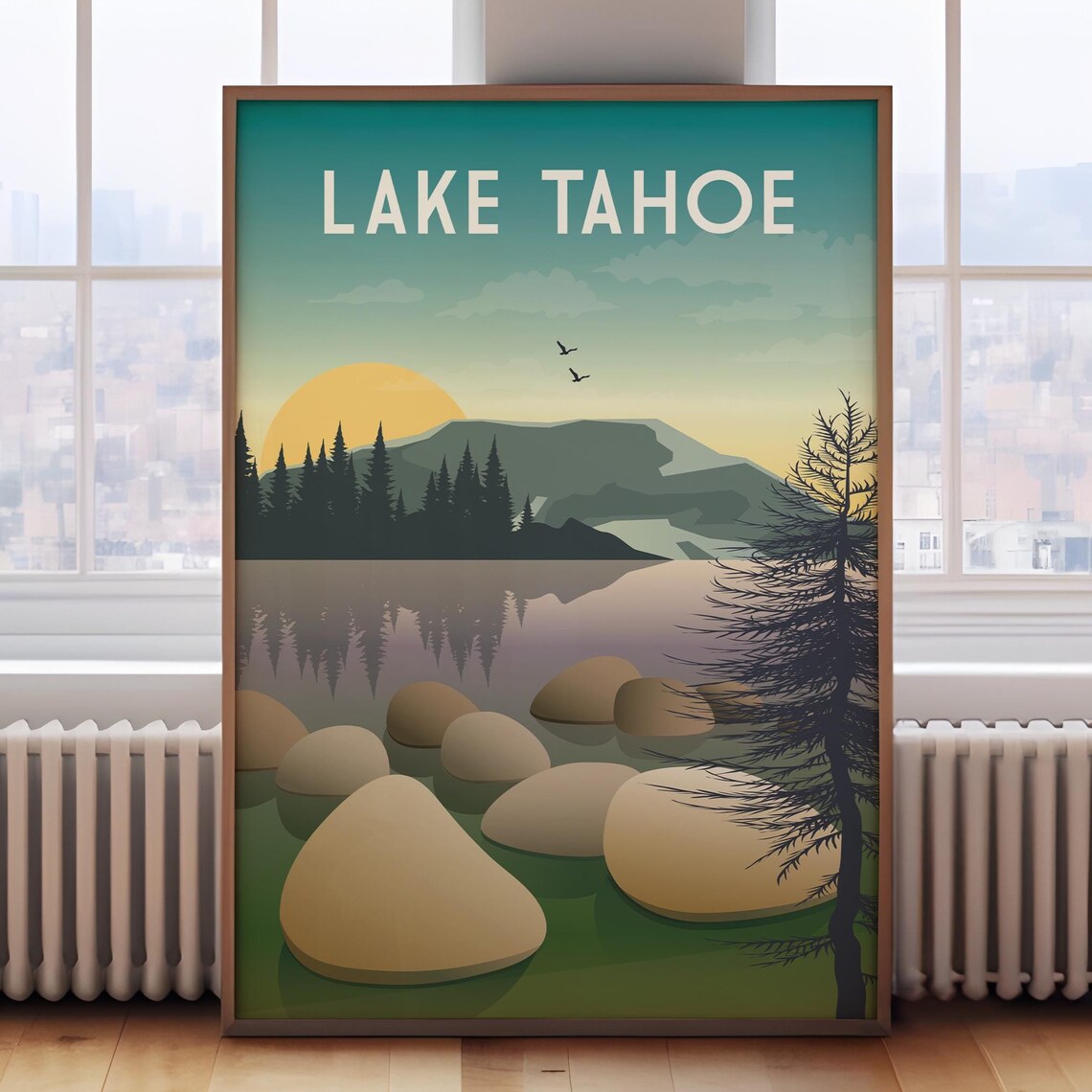 Lake Tahoe Retro California Sunrise Mountain Lake Art Poster