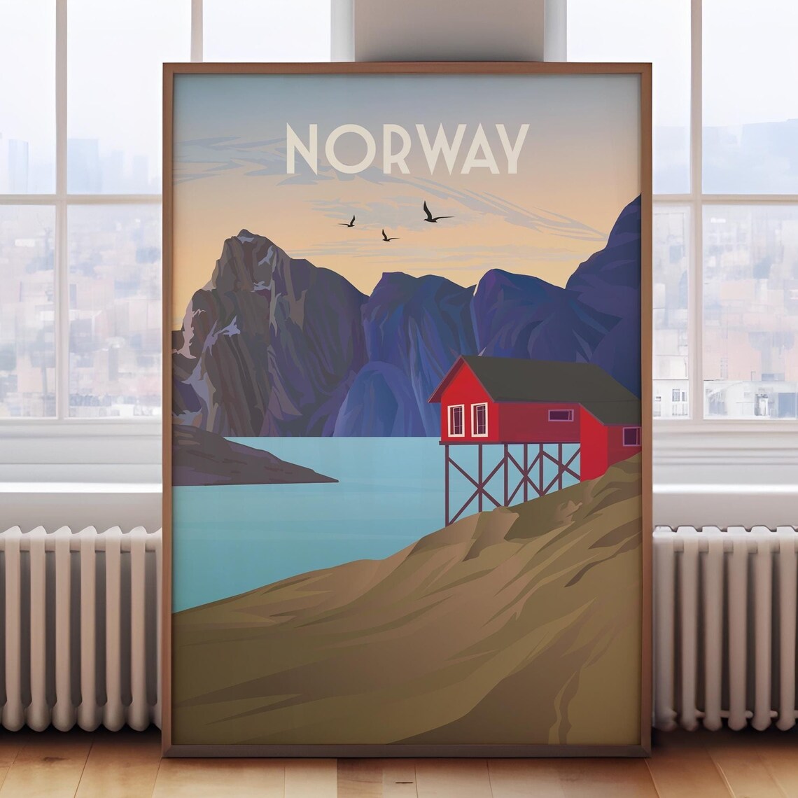 Norway Fjord Classic Red Stilt Cabin Purple Peaks Travel Poster