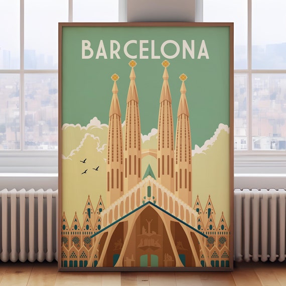 Barcelona Retro Travel Poster, City Art Print