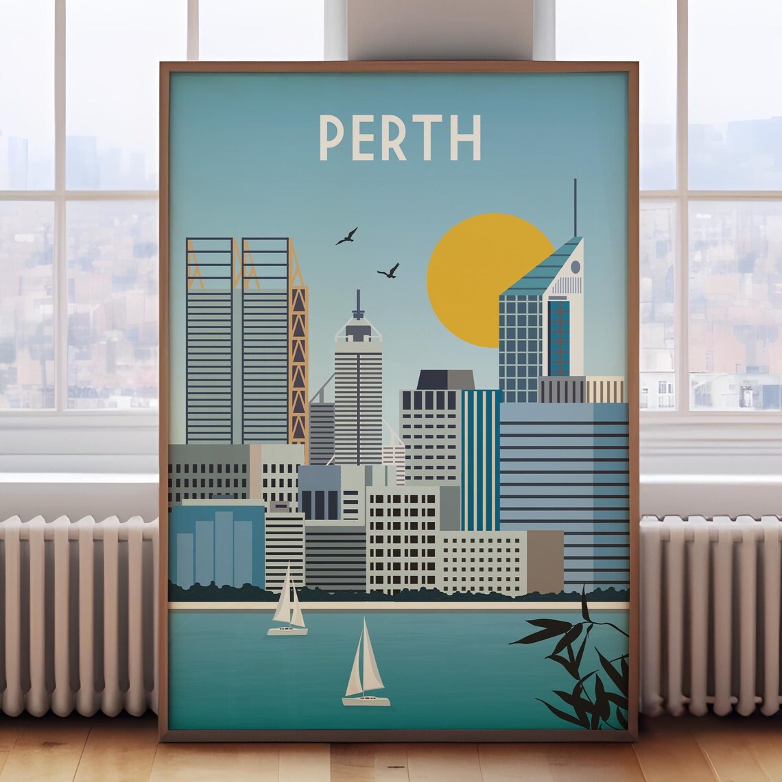 Perth Australia Modern Skyline Sunset Sailboats Travel Poster