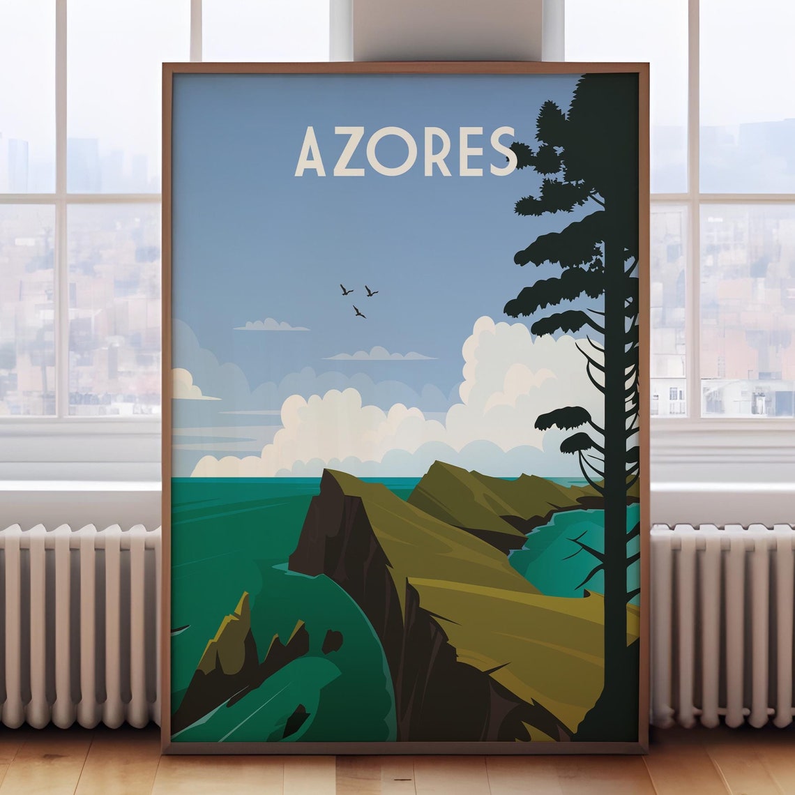 Azores Portugal Dramatic Volcanic Coastal Cliffs Retro Travel Poster