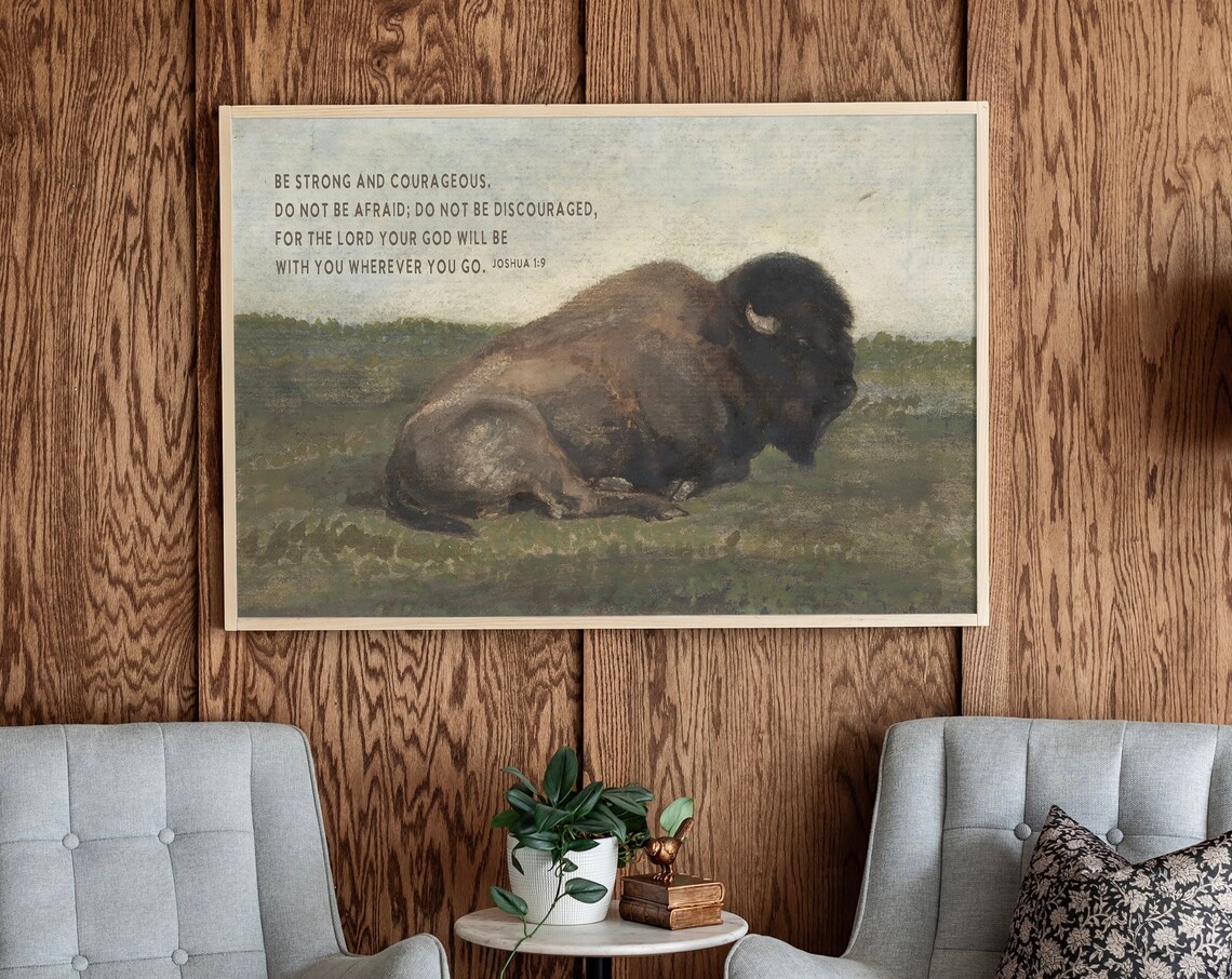 Buffalo Scripture Art Print, Joshua 1:9 Vintage