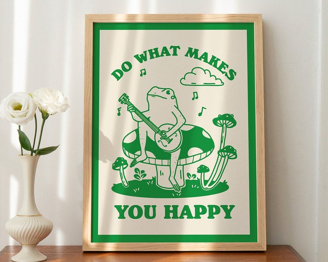 Do What Makes You Happy Guitar Frog Mushroom Retro Green Wall Art