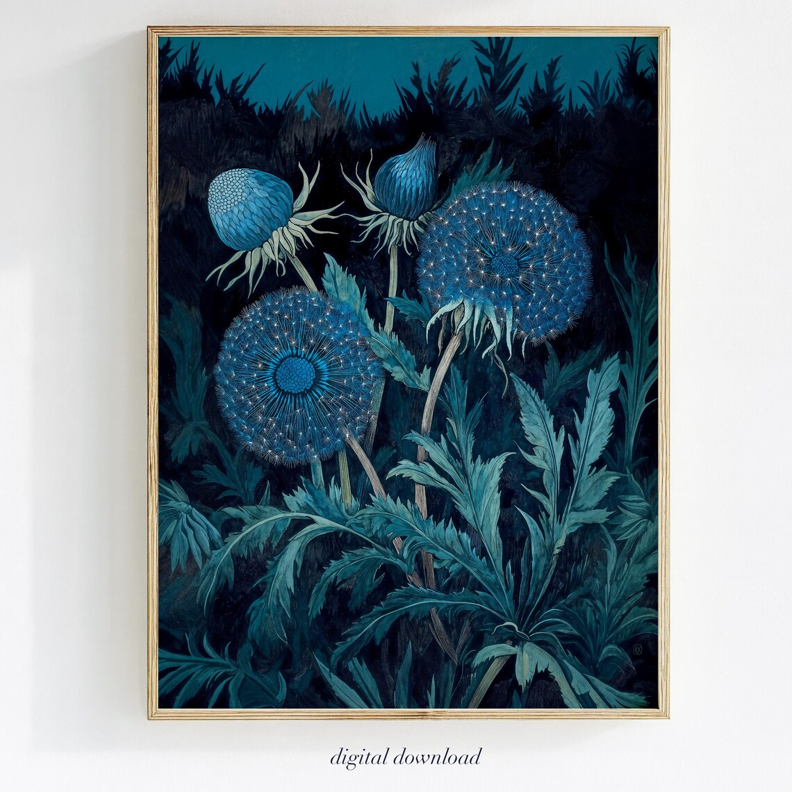 Blue Dandelions Vintage Floral Art Print