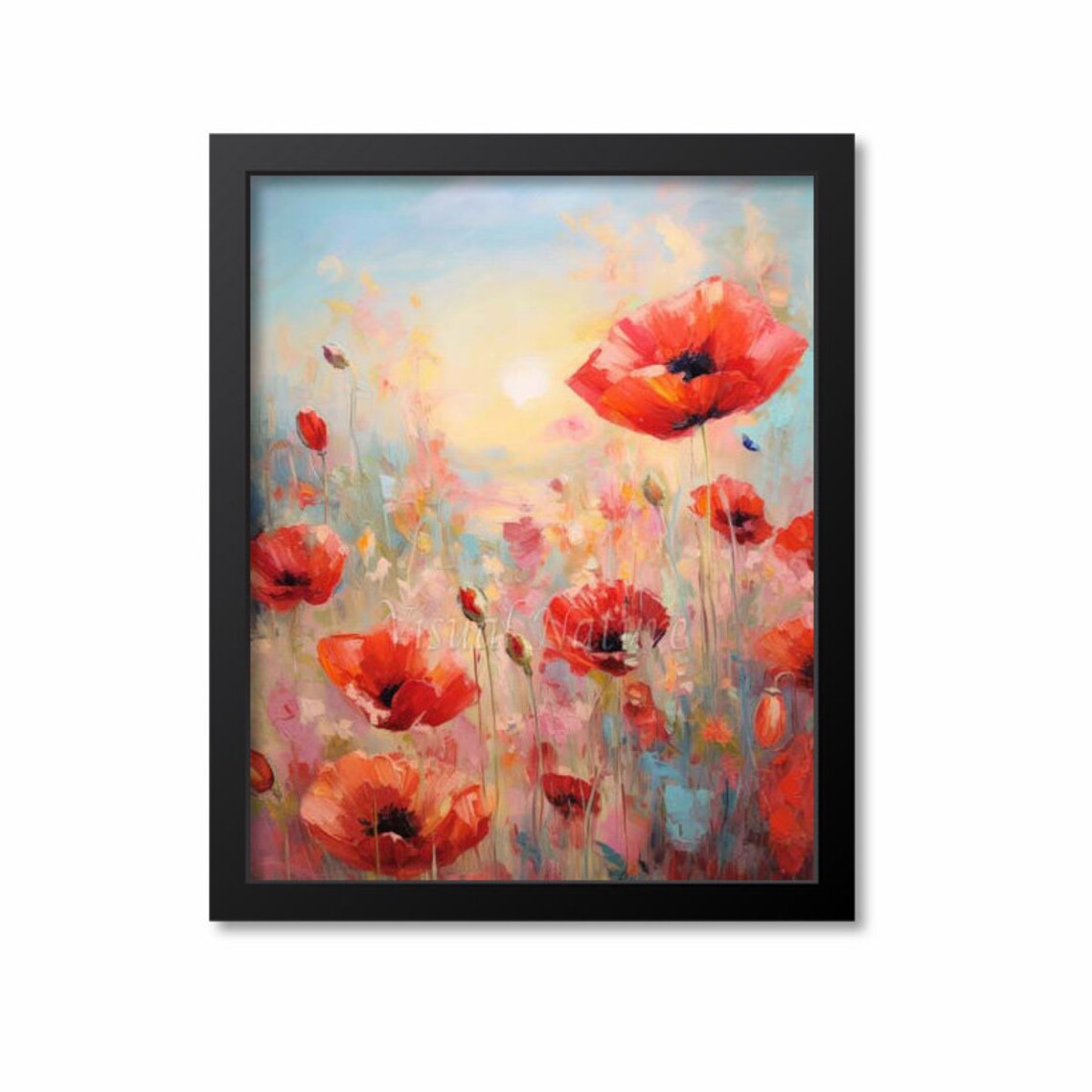 Red Poppy Meadow at Sunrise Impressionist Floral Landscape Poster