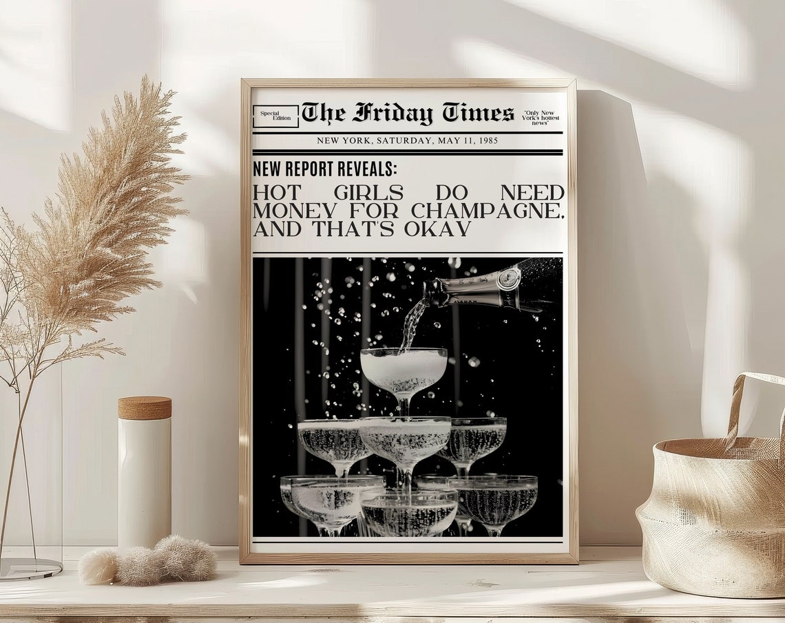 Hot Girls Money For Champagne Trendy Newspaper Print Vintage Bar Cart Retro Wall Art Newspaper Headline Poster College Apartment Decor