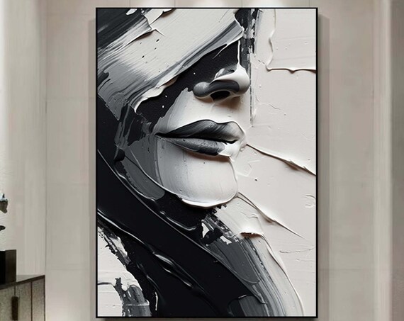 Abstract Black And White Face Oil Painting Black White Wall Art Large Black And White Painting Framed Textured Abstract Painting