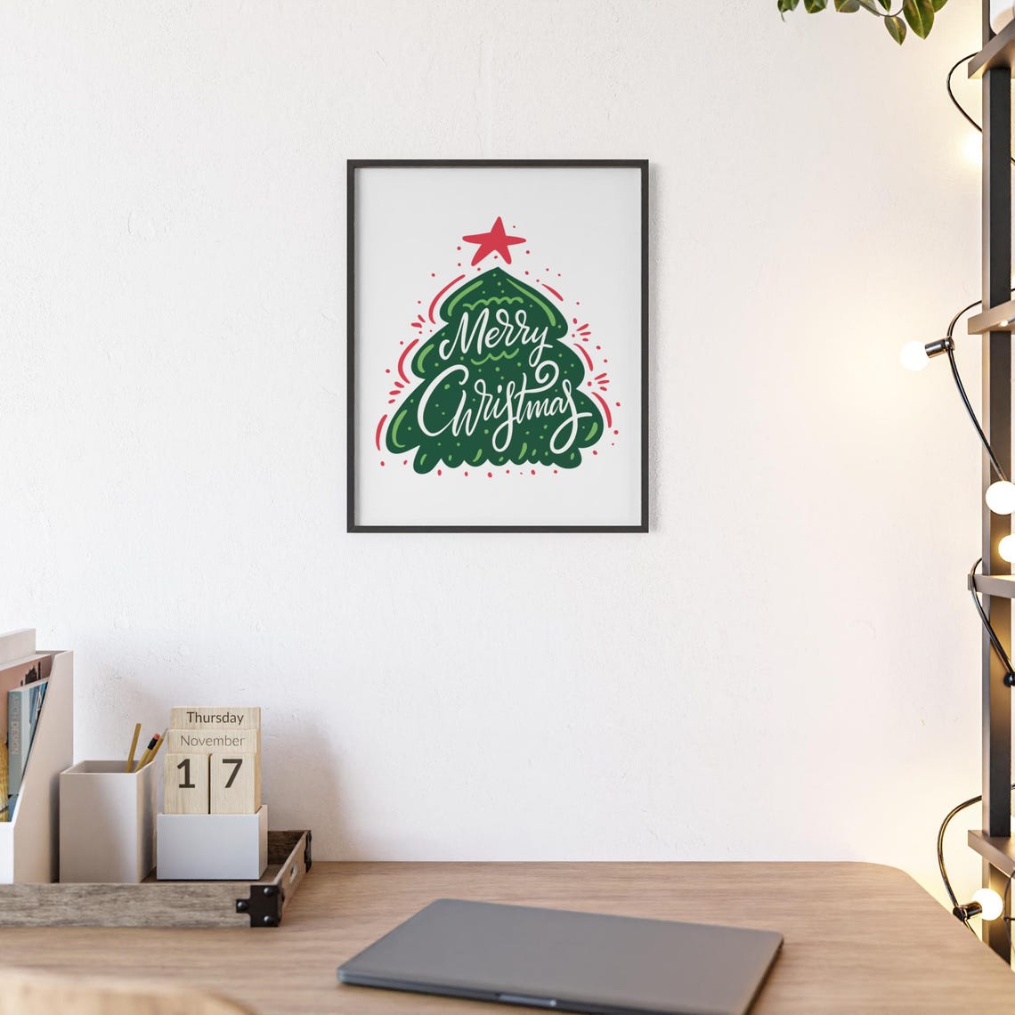 Merry Christmas Green Tree Shape With Red Star Holiday Poster Art - Image 2