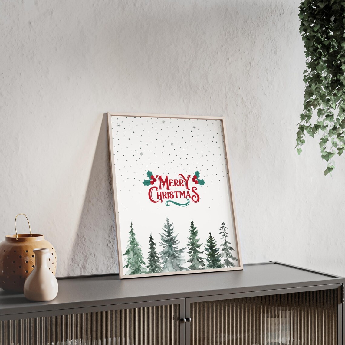 Merry Christmas Holly Watercolor Pine Trees Winter Snow Poster - Image 3