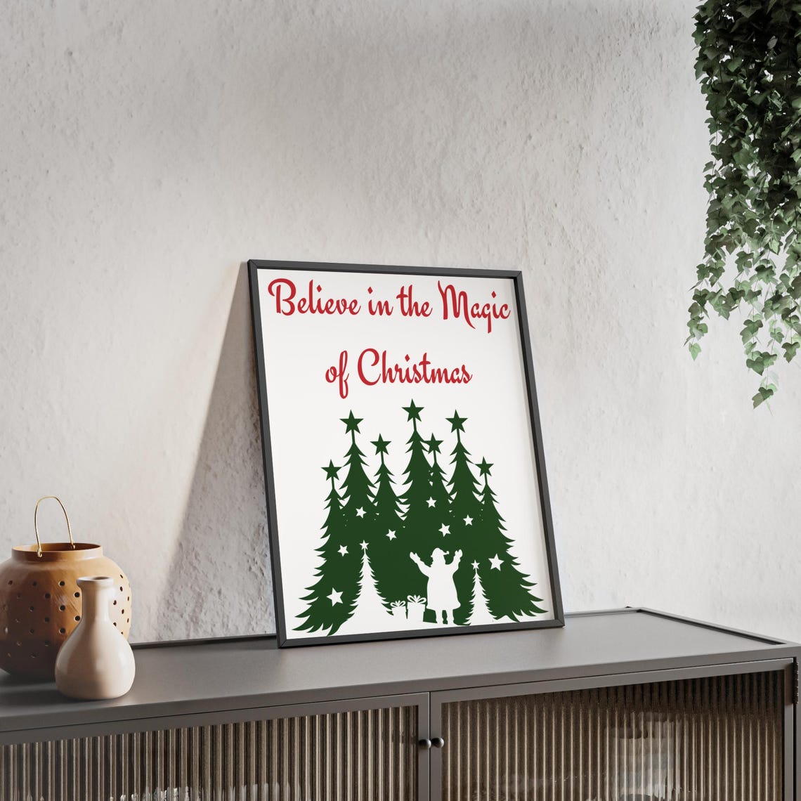 Believe In The Magic Of Christmas Green Pine Trees Stars Poster