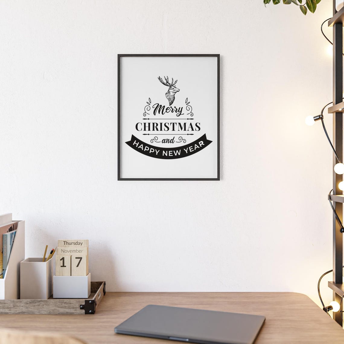 Merry Christmas Stag Silhouette Banner Elegant Black White Poster - Image 2