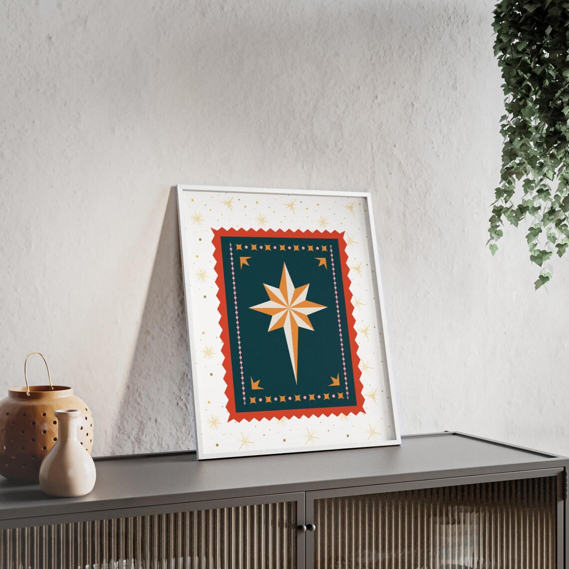 Nordic Christmas Star Folk Art Teal Red Bold Festive Holiday Poster