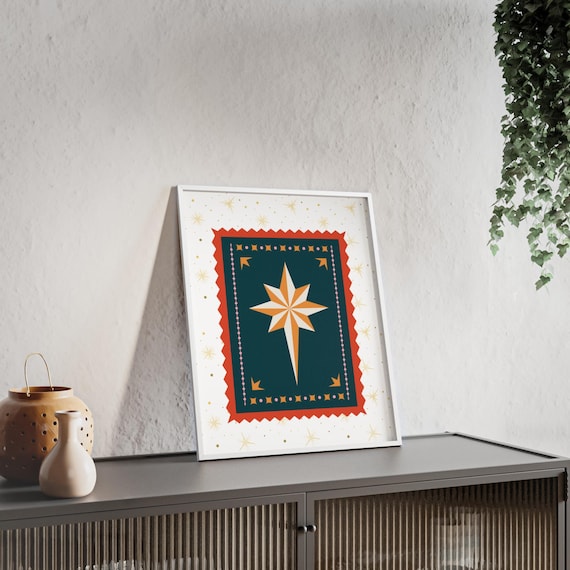 Nordic Christmas Star Folk Art Teal Red Bold Festive Holiday Poster