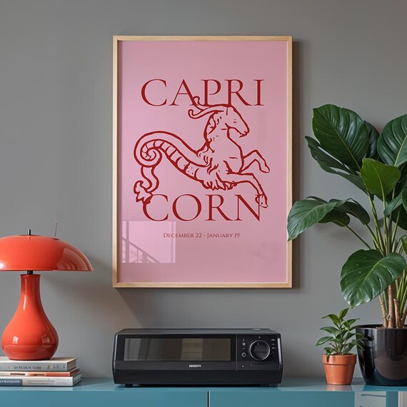 Capricorn Zodiac Print Boho Art Retro Astrology Poster Sign Gifts Celestial Decor Pink Wall